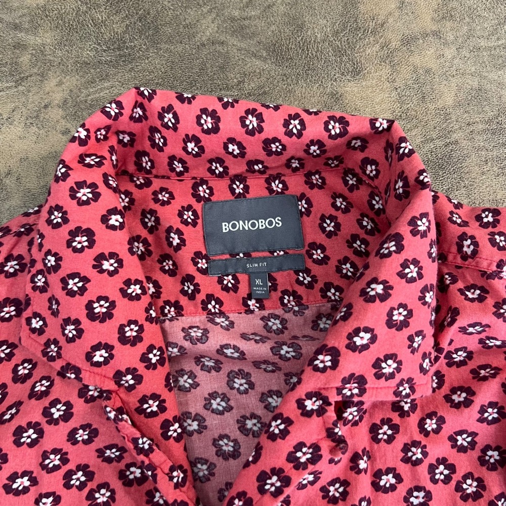 Bonobos Button Down Shirt Mens XL Pink Floral Slim Fit Short Sleeve Loop Collar